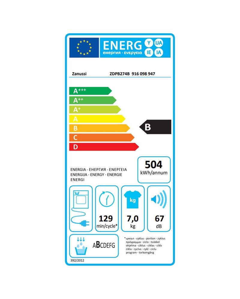 ZANUSSI SECADOR ROUPA 7KG CONDENSAÇAO B - ZDPB274B