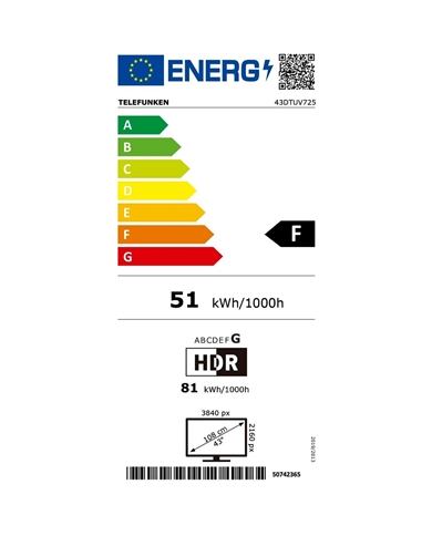 TELEFUNKEN DLED 43" UHD MHOTEL SMARTTV 3HDMI 2USB D - 43DTUV735