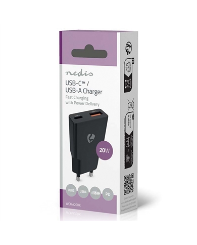 NEDIS CARREGADOR DE PAREDE RAPIDO 20W USB-A USB-C #3 - WCHA20BK