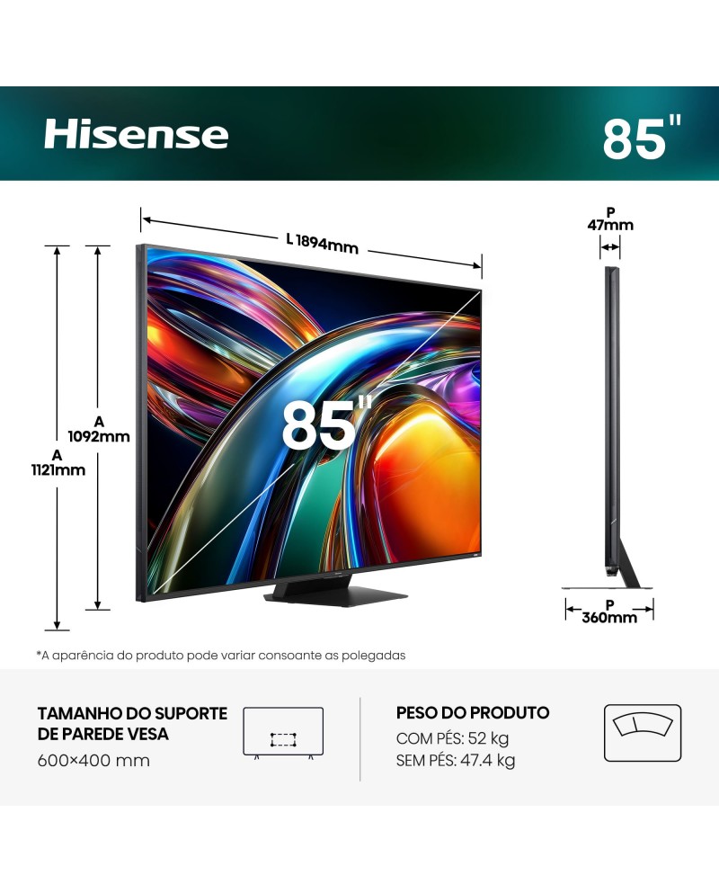 HISENSE LED 85" RGB 4K UHD SMARTTV 3HDMI 2USB (C)
