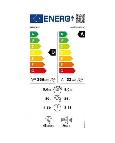 HISENSE MAQUINA LAVAR 8KG E SECAR 5KG 1400RT A #5 - WD3S8045BW3
