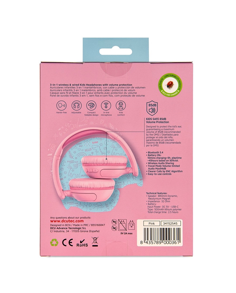 DCU AUSCULTADORES BLUETOOTH 3EM1 C/LIMITADOR VOL KIDS ROSA #5 - 34152545